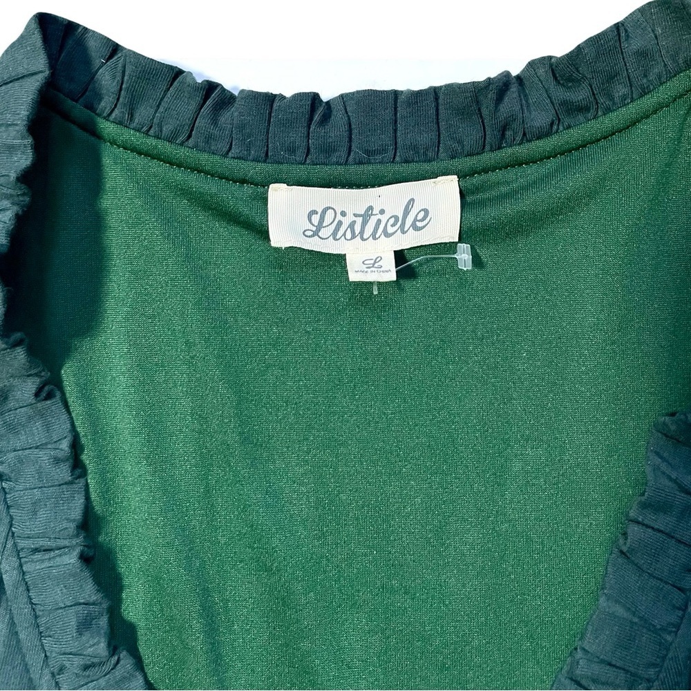 Listicle Green Ribbed Wrap Sleeveless Ruffle Trim Tie Waist Dress Size L NWOT - Picture 2 of 3